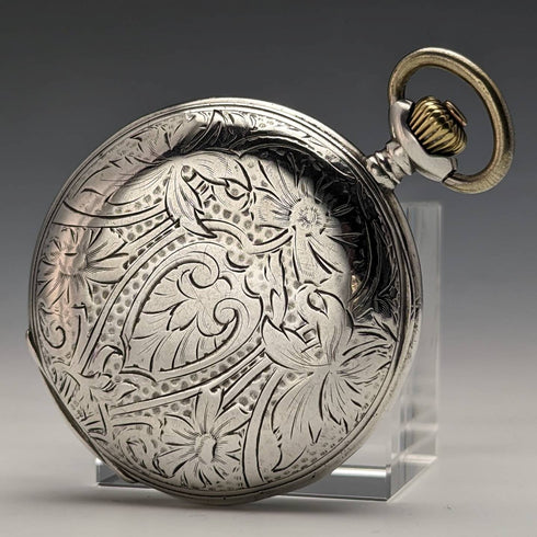 Around 1910 Antique Omega pocket watch Flower engraving Silver side hunter case Works well